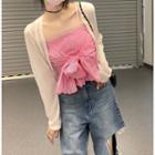 Plain Cardigan / Bow Accent Camisole Top / Distressed Wide-leg Jeans