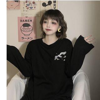 Long-sleeve Crane Embroidery T-shirt