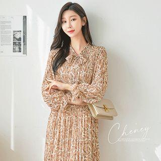 Tie-neck Crystal-pleat Floral Dress With Sash