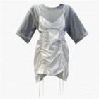 Elbow-sleeve Mock Two-piece Drawstring Mini Sheath Dress