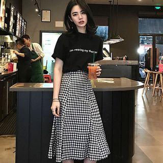 Set: Letter Print Short Sleeve T-shirt + Gingham A-line Skirt