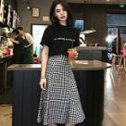 Set: Letter Print Short Sleeve T-shirt + Gingham A-line Skirt