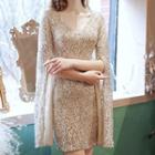Long-sleeve Sequined Sheath Cocktail Dress