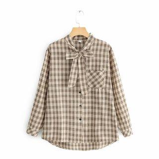 Long-sleeve Plaid Blouse Khaki - One Size