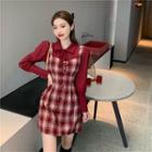 Mock Two-piece Long-sleeve Plaid Panel Mini A-line Shirtdress Red - One Size