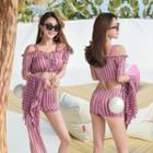 Set: Short-sleeve Cold Shoulder Striped Lace-up Swim Top + Swim Shorts + Cover-up Skirt