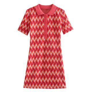 Short-sleeve Polo-neck Chevron Knit Mini Sheath Dress