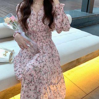 Long-sleeve V-neck Floral Dress Pink - One Size