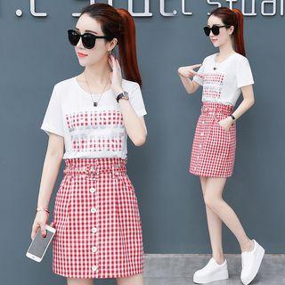 Set: Lettering Short Sleeve T-shirt + Plaid A-line Skirt