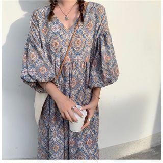 Puff-sleeve Patterned Maxi Dress
