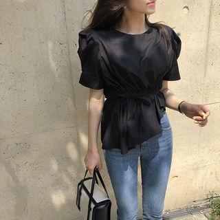 Puff-sleeve Drawstring-waist Ruffle-hem Top