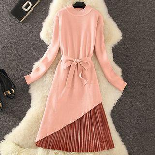 Set: Diagonal Hem Long Sweater + Accordion Pleat Midi Velvet Skirt