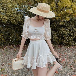 Set: Short-sleeve Dotted Ruffle Tankini Top + Swim Skirt