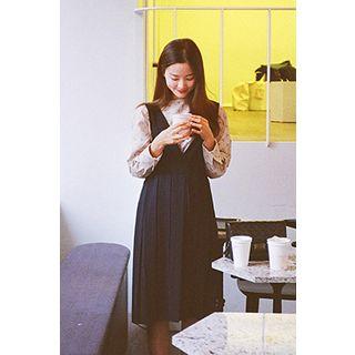 Deep V-neck Pleated Pinafore Dress
