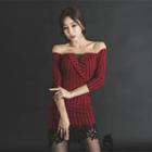 Crochet Trim Off Shoulder Striped Long Sleeve Dress