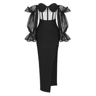 Long-sleeve Off-shoulder Rhinestone Mesh Midi Cocktail Dress