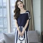 Set: Short-sleeve Chiffon Top + Wide-leg Striped Pants