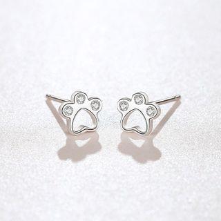 925 Sterling Silver Rhinestone Paw Earring 1 Pair - Footprint Earrings - One Size