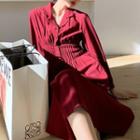 Plain V-neck Single-breasted Long-sleeve Dress