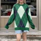 Long-sleeve Round-neck Color-block Argyle Knit Top Green - One Size