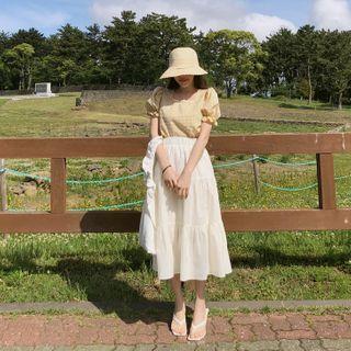 Band-waist Long Tiered Skirt Cream - One Size