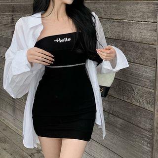 Plain Shirt / Strapless Lettering Mini Sheath Dress