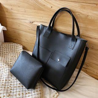 Set: Faux Leather Tote Bag With Shoulder Strap + Pouch