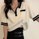 Short-sleeve Contrast Trim Knit Polo Shirt Almond - One Size