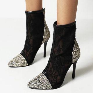 Glitter Panel High-heel Short Boots