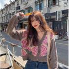 Long-sleeve V-neck Floral Print Cardigan Brown - One Size