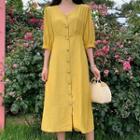 Lantern-sleeve Single Breast Plain Dress Yellow - One Size