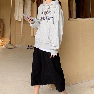 Hooded Oversize Lettering Printed Sweatshirt / High-waist Plain Slit Skirt