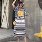 Set: Short-sleeve Hooded T-shirt + A-line Midi Skirt