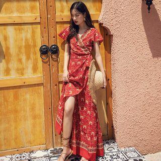 Short-sleeve Pattern Maxi A-line Wrap Dress