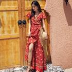 Short-sleeve Pattern Maxi A-line Wrap Dress