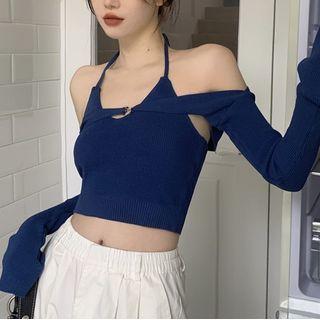 Set: Halter-neck Knit Top + Off-shoulder Knit Top