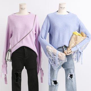 Dip-back Lace-panel Knit Sweater