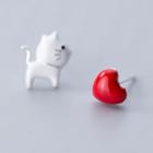 Non-matching 925 Sterling Silver Cat & Heart Earring S925 Silver Stud - 1 Pair - Red & White - One Size