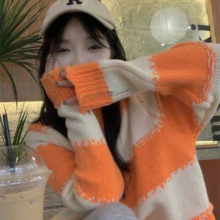 Striped Distressed Sweater Sweater - Stripes - Orange - One Size