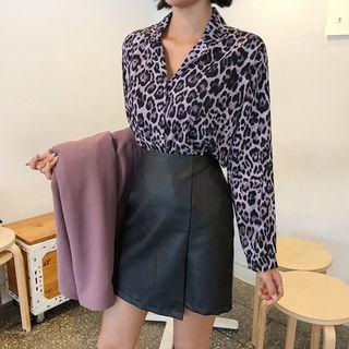 Notched-collar Leopard Crepe Shirt