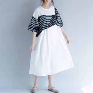 Striped Panel Short-sleeve Medium Maxi Dress White - L