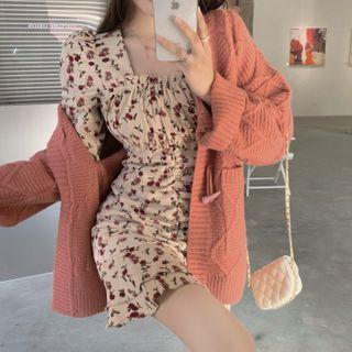 Long-sleeve Knit Cardigan / Floral Mermaid Dress