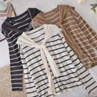 Set Of 2 : Plain Knit Shawl + Round-neck Striped Long-sleeve Top