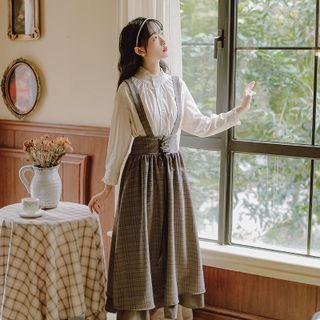 Mock-neck Plain Shirt / High-waist Plaid Drawstring A-line Skirt As Shown In Figure - One Size