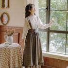 Mock-neck Plain Shirt / High-waist Plaid Drawstring A-line Skirt As Shown In Figure - One Size