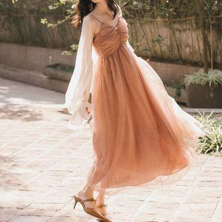 Set: Spaghetti Strap Midi A-line Mesh Dress + Light Jacket