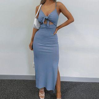 Ribbed Slit Strappy Maxi Bodycon Dress