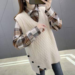 Set: Plaid Shirt + V-neck Cable Sweater Vest