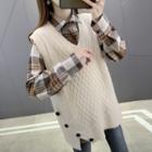 Set: Plaid Shirt + V-neck Cable Sweater Vest