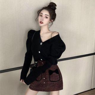 Lantern-sleeve Sweater Black - One Size